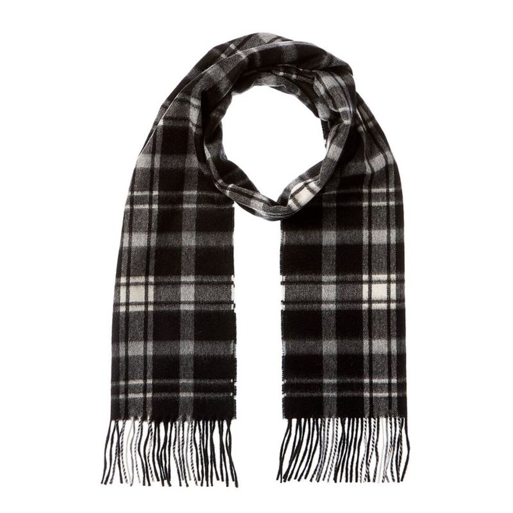 Amicale Cashmere Scottish Plaid Cashmere Scarf, Black